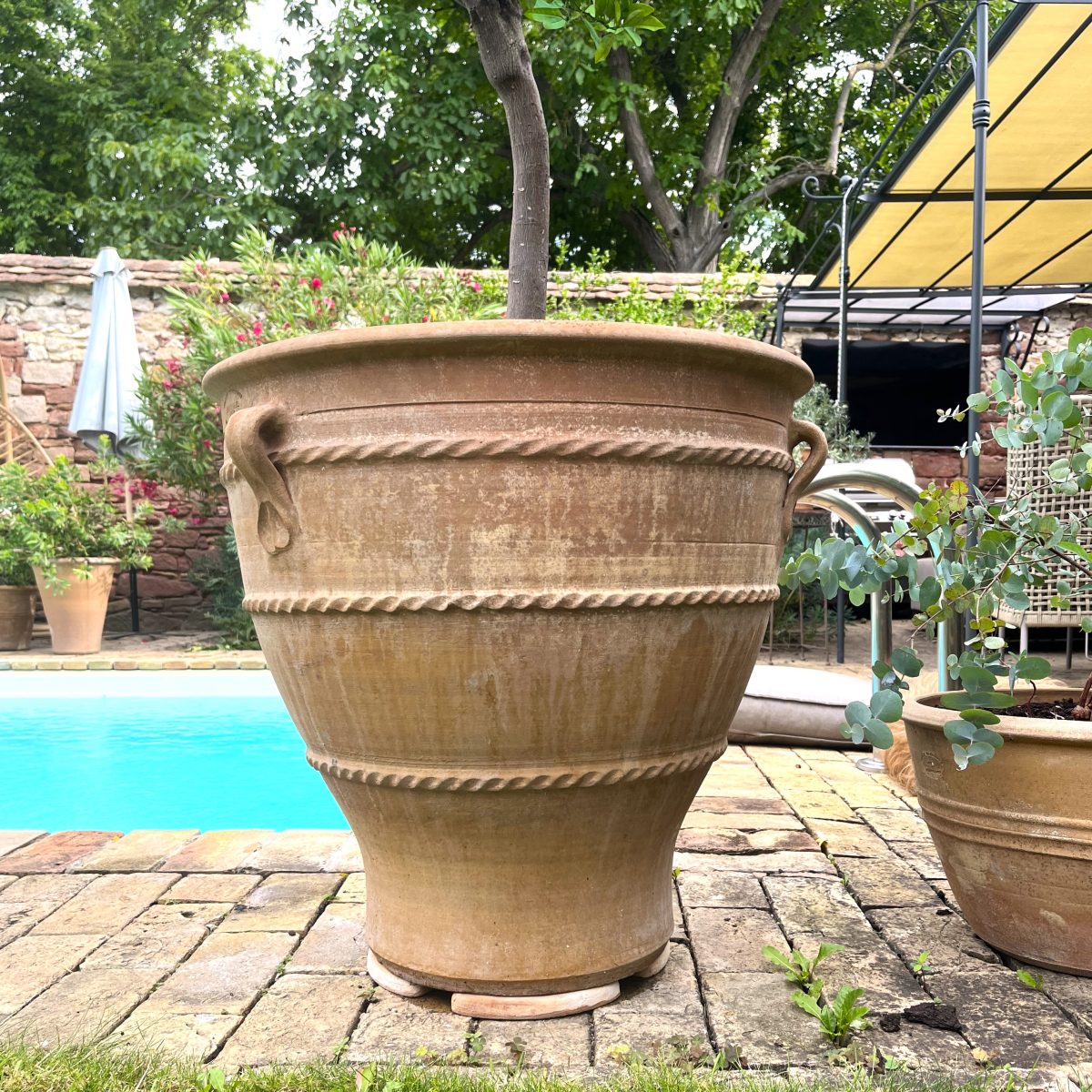 Ein großer, dekorativer Topf aus dem Terrakotta-Topfecken-Set 4 St. mit seilartigen Mustern steht neben einem Swimmingpool. Der Topf, in dem sich ein Baum befindet, steht auf einem mit Ziegeln gepflasterten Bereich mit Gartenmöbeln, Grünpflanzen und einer im Hintergrund sichtbaren Steinmauer. Der Kauf des Terrakotta-Topfecken-Sets 4 St. verleiht Ihrer Außenanlage eine elegante Note.